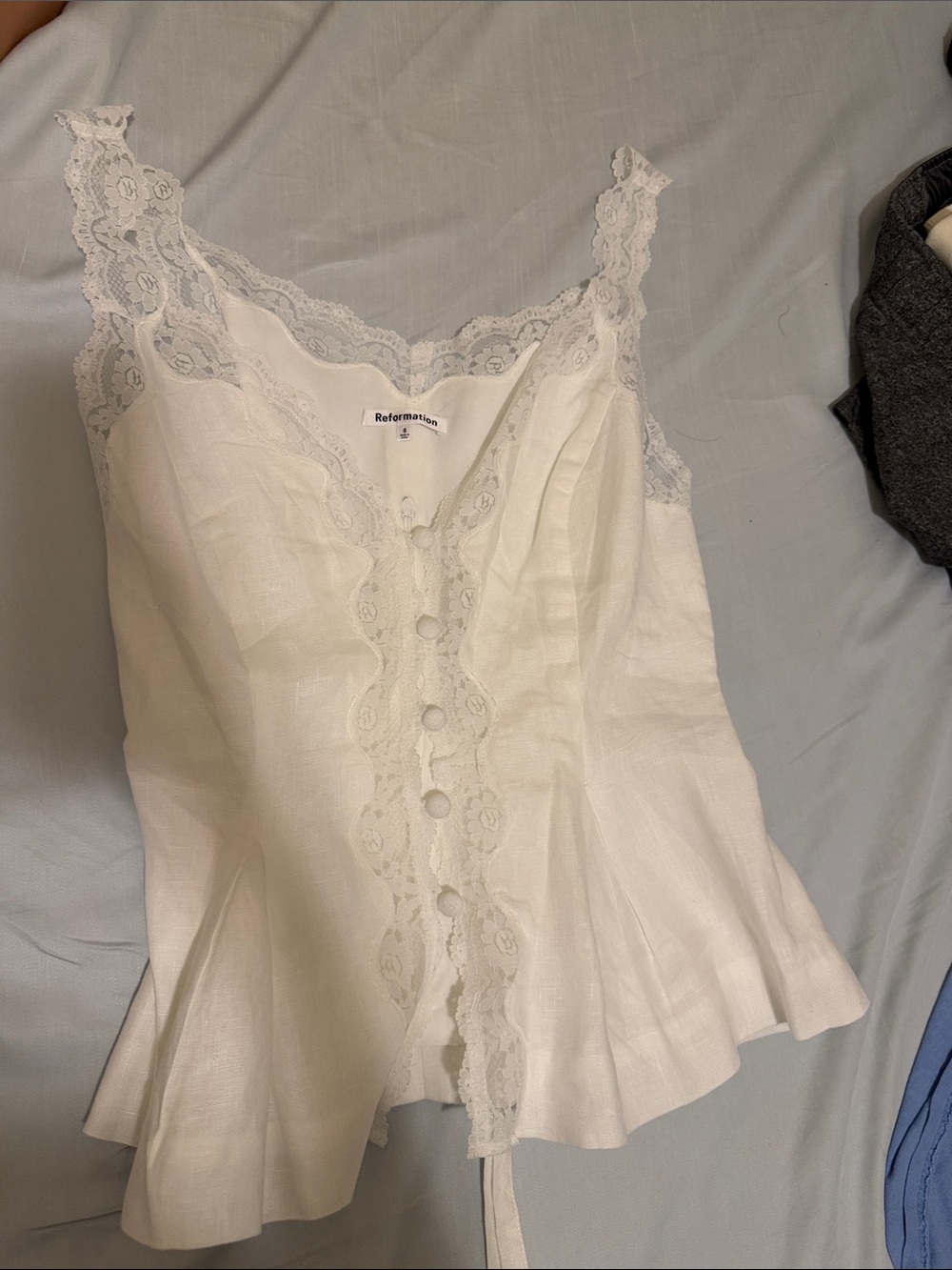 Reformation White Lace-Trim Button Front Cami
